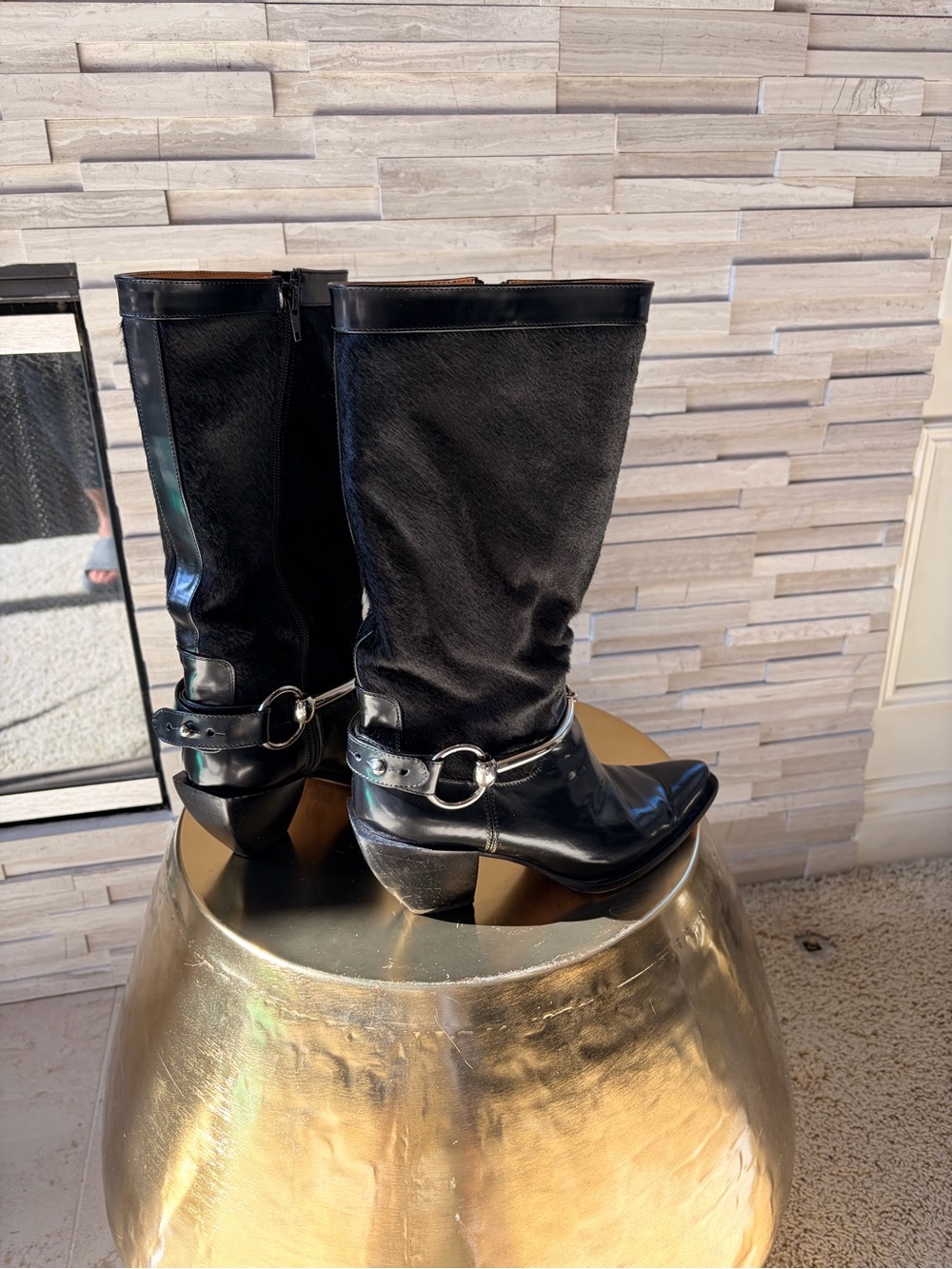 Donald J. Pliner Black Mid-Calf Leather and Cowhide Heeled Boots - Picture 3 of 10